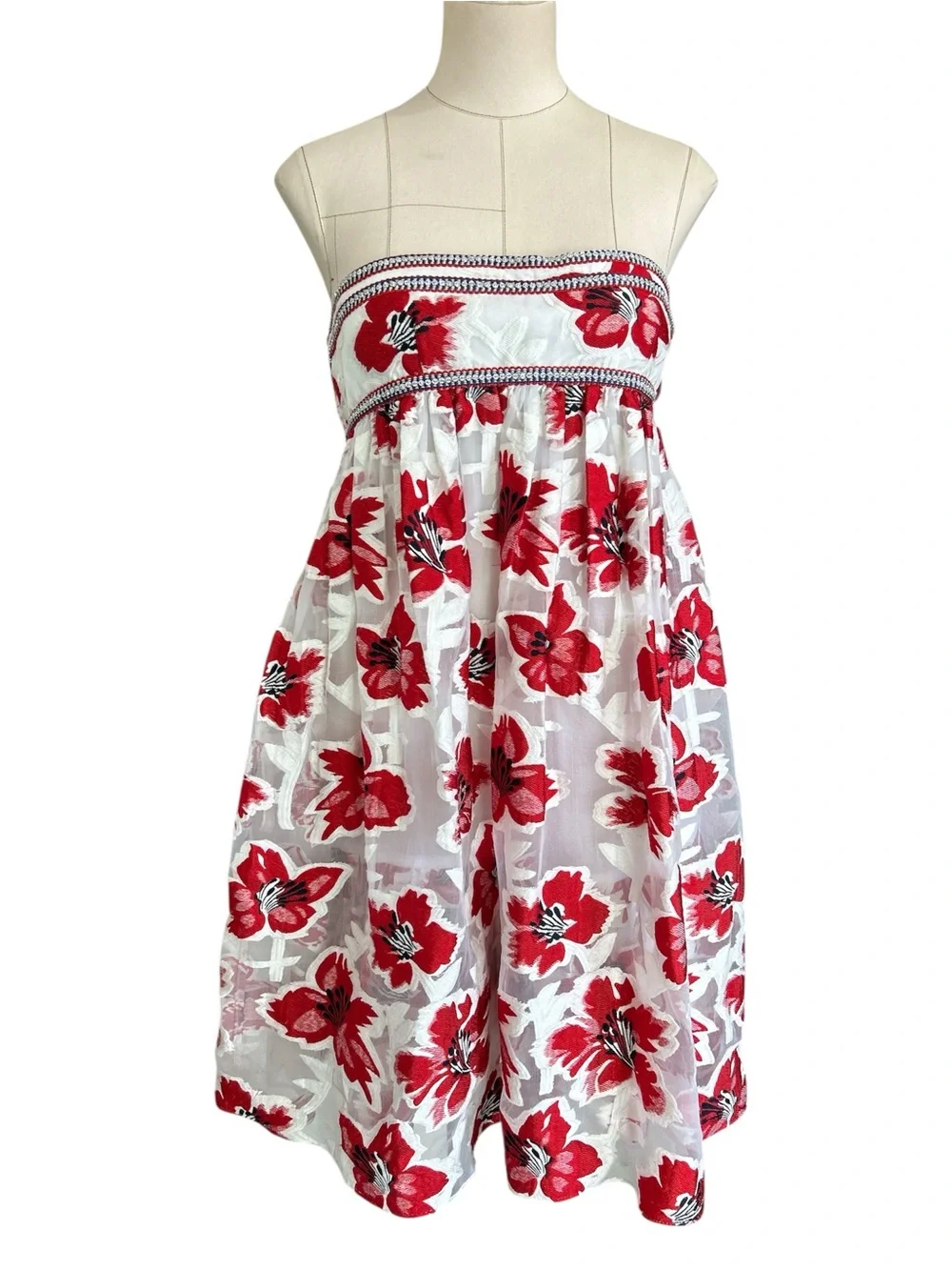 Tory Burch Barrington strapless floral embroidered midi dress red/whire Sz8
